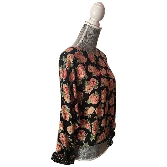 VINTAGE 90s Carole Little Floral Mixed Media Print Tie Front Blouse - Picture 2 of 7